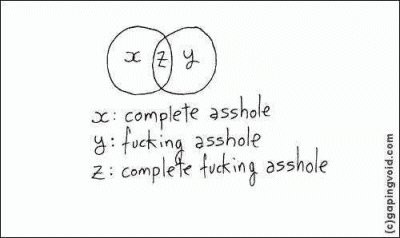 A Venn Diagram showing the intersection of x: complete arsehole and y: fucking arsehole, to create z: complete fucking arsehole