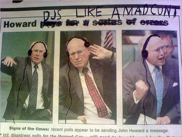Photograph of newspaper images of John Howard, modified to add hand-drawn headphones to make him look like a DJ