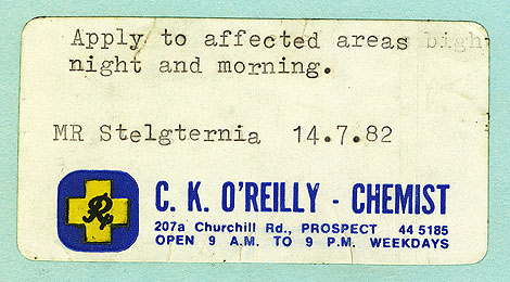 Photograph of pharmacist's medicine label, reading 'Mr. Stelgternia' [sic], dated 14 July 1982