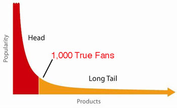 Diagram of The Long Tail, showing that you only need the top 1000 true fans to reach your financial target