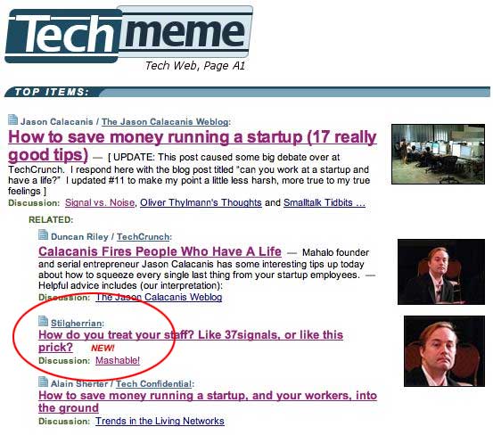 Screenshot from Techmeme showing my article in the top story listings