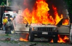 Photograph of burning Jeep Cherokee which exploded in Bangkok on 7 October 2008