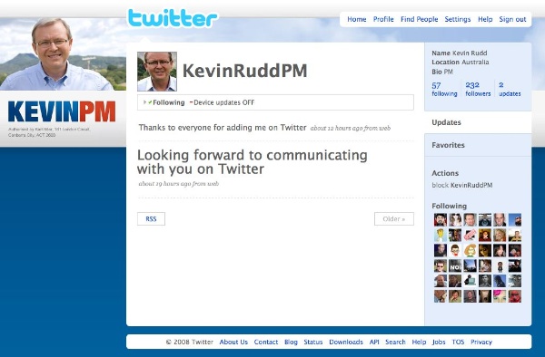 Screenshot of Prime Minister Kevin Rudd's second tweet: Thanks to everyone for adding me on Twitter