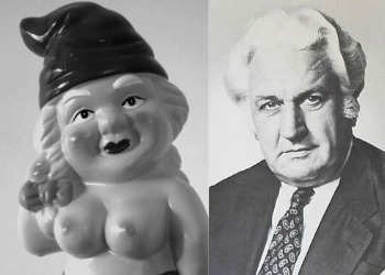 Photos comparing bare-breasted garden gnome with John Kerr