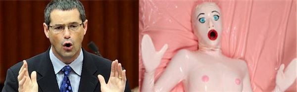 Photographs comparing Senator Stephen Conroy, mouth open and hands outstretched, with an inflatable sex doll