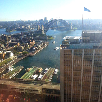 Sydney Harbour, viewed through a dirty window in the AMP Tower: click to embiggen