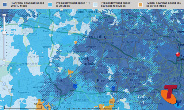 Map of Telstra network coverage in Western Sydney: click for interactive map
