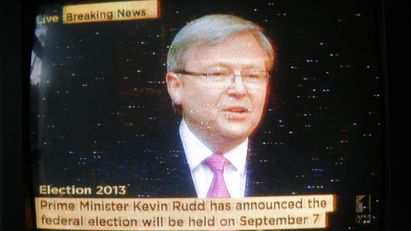 Photograph of TV showing Kevin Rudd announcing the election date