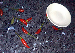Photograph of a small white bowl and several chillies