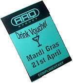 Photo of a complimentary drinks voucher from Arq nightclub