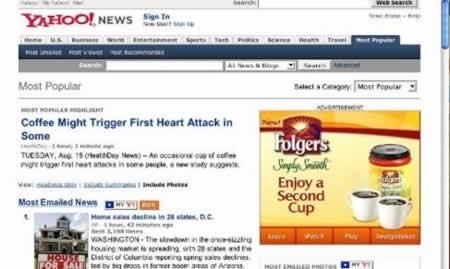 Screenshot of Yahoo! News item about coffee triggering a heart attack, with an advertisement for Folgers coffee adjacent