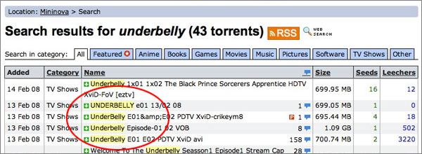 Screenshot of Underbelly downloads available on Mininova