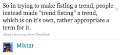 Screenshot of the tweet from Miktar proposing trend fisting as a new term