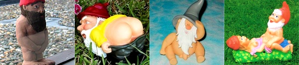 Photographs of four male gnomes, including one nakes with his hands covering his genitals, one exposing his bare buttocks, one with an exaggerated penis, and one engaged in sex with a female gnome