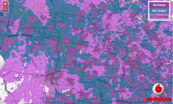 Map of Vodafone network coverage in Western Sydney: click for interactive map