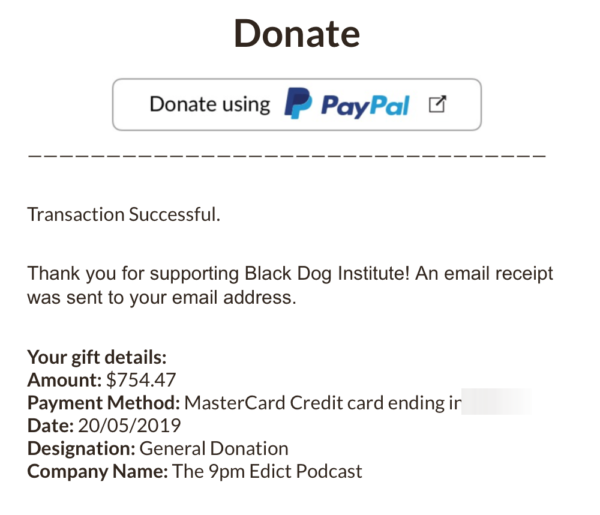Receipt showing donation to the Black Dog Institute of $754.47 on 20 May 2019.