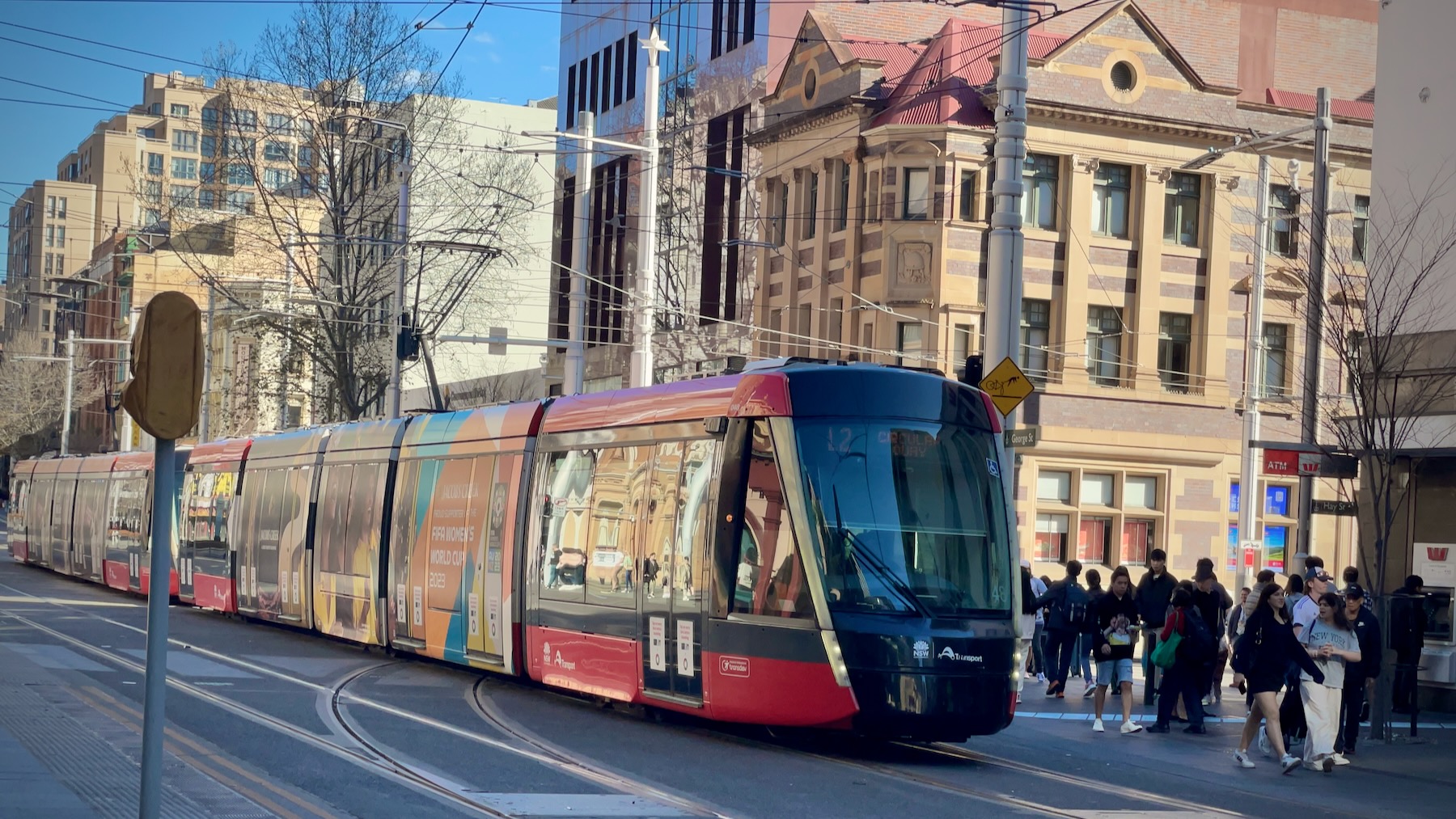 Sydney Light Rail tram on George Street at the corner of Hay Street.