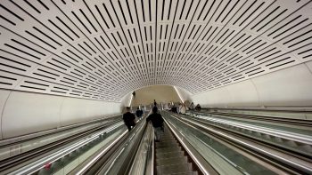 Looking down some long escalators all bright and shiny and new under the artificial light, and overhead a curved white roof with long black slots for sound absorption running parallel to the escalators.