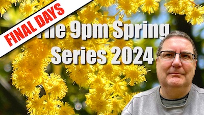 Photo of a late middle-aged man (Stilgherrian) with short hair, glasses, and a grey sweater, standing against a background of giant yellow wattle flowers. The main text reads "FINAL DAYS: The 9pm Spring Series 2024".