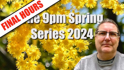 Photo of a late middle-aged man (Stilgherrian) with short hair, glasses, and a grey sweater, standing against a background of giant yellow wattle flowers. The main text reads "FINAL HOURS: The 9pm Spring Series 2024".