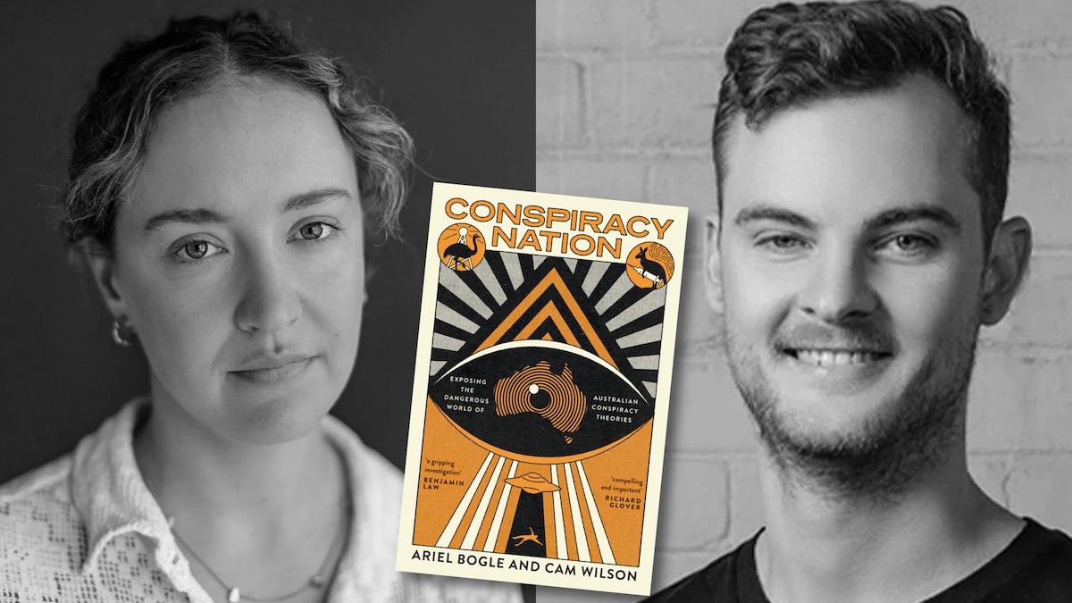 Black and white photos of two white people, a woman with her hair tied back neatly, and a man with short hair and a half-arsed beard. Between them is the cover of their book, CONSPIRACY NATION.
