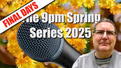 Against a background of wattle flowers sits a giant microphone, a man with short hair, spectacles, and a very ordinary grey sweater — it's Stilgherrian! — and the words "FINAL DAYS: The 9pm Spring Series 2025".
