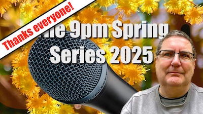 Against a background of wattle flowers sits a giant microphone, a man with short hair, spectacles, and a very ordinary grey sweater — it's Stilgherrian! — and the words "Thanks everyone! The 9pm Spring Series 2025".
