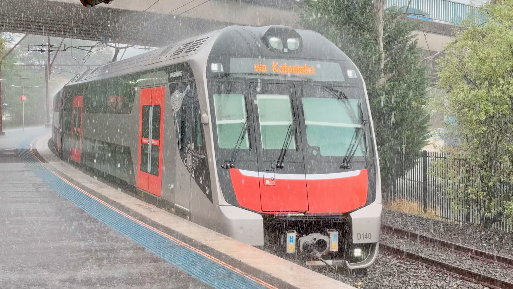A Sydney Trains D-Set Mariyung train arrives at Katoomba station in the pouring rain. It's grey with black bands along the windows of its two decks and safety orange doors. Its blunt nose is black with light grey trim and a big chunk of safety orange below the driver's cab.