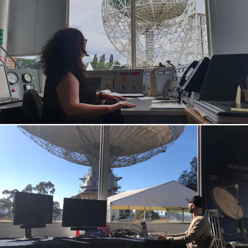 In the upper half of the photo a woman with long dark wavy hair is seated at an old-fashioned control console, turned away from us, looking out through the window at a big radio telescope dish. It's Jodrell Bank. In the lower half, a man in a baseball cap is in an almost mirror-image position, but with two modern computer monitors in front of him, and a different dish, Murriyang at Parkes.